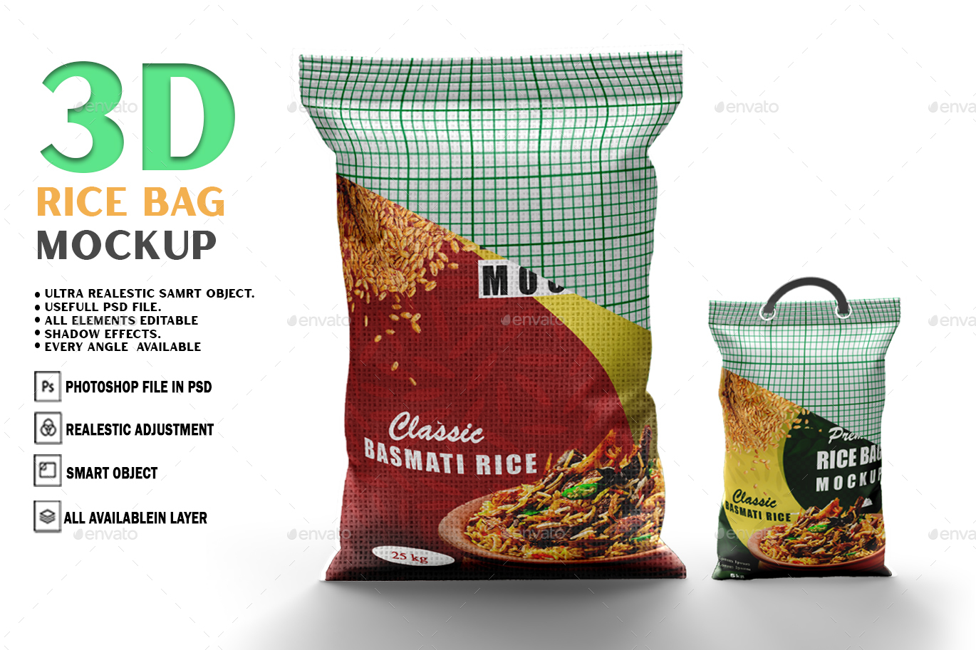 Rice Bag Mockup - Large & Small Rice Bag and Sack Mockup Set, Graphics